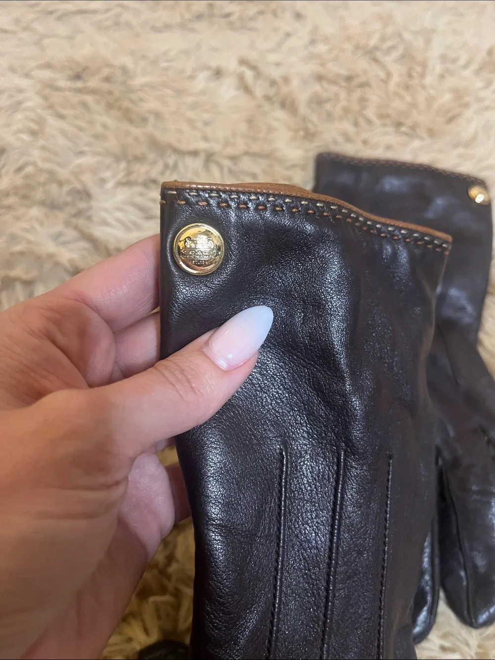 Coach Brown Leather Women's Gloves with Gold Button - Size 8